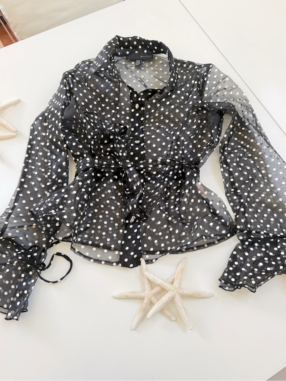JS Boutique Sheer Black Polka Dot Button-Up Blouse with Tie Waist